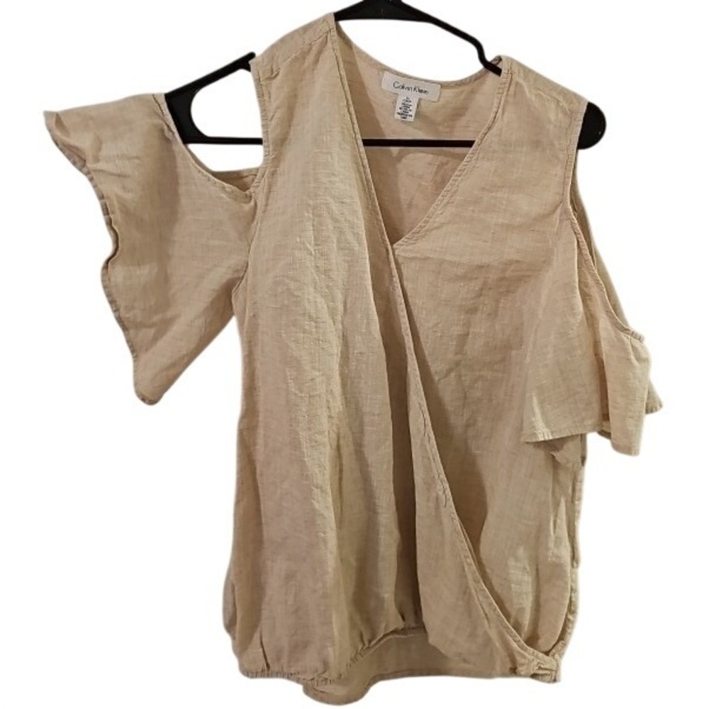 Calvin Klein Tan Cotton Linen Blend Cold Shoulder Flutter Sleeve Wrap Top Small